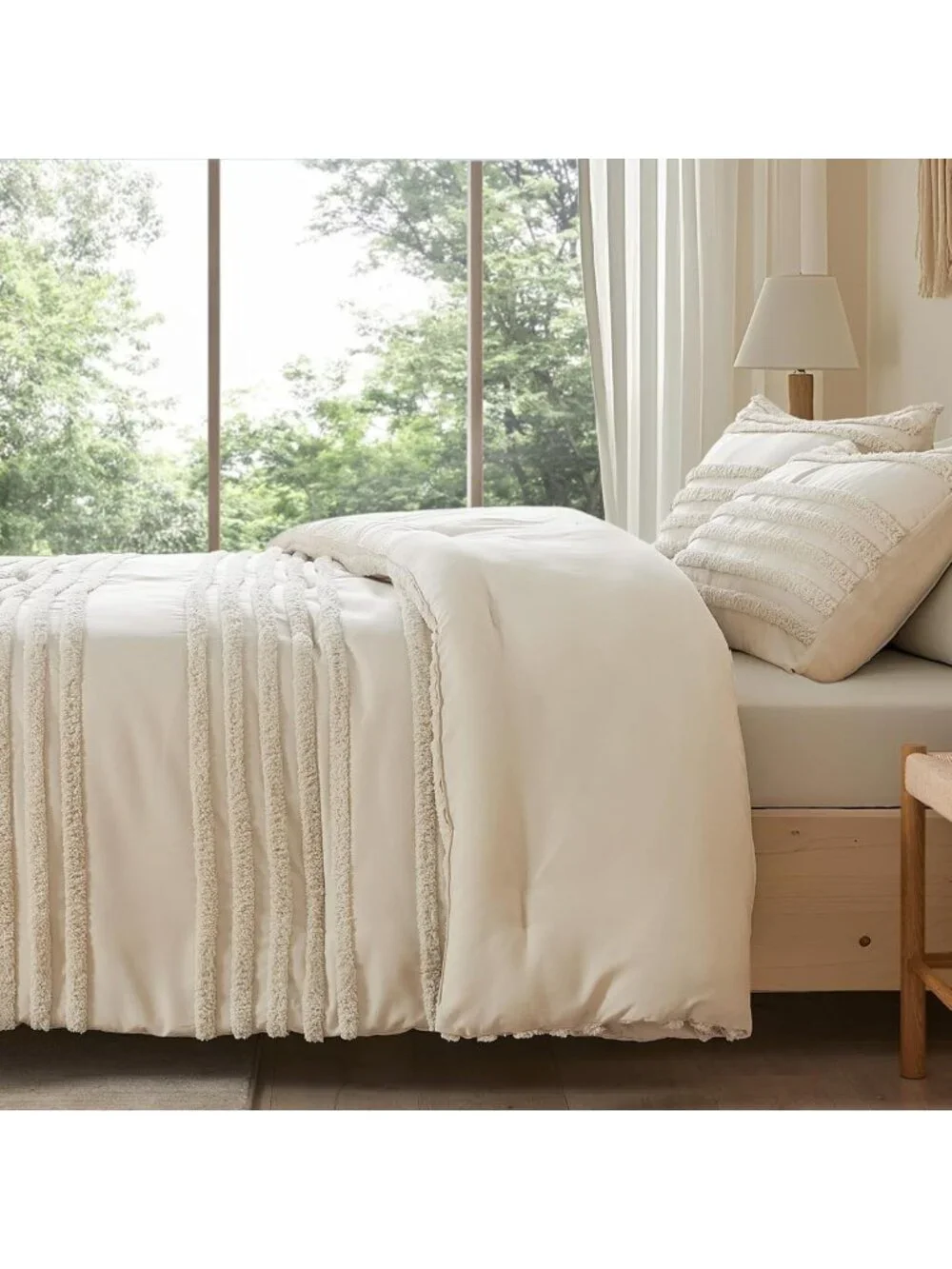 Boho Queen Comforter Set - Beige Tufted 3-Piece Lightweight Bedding & Pillow